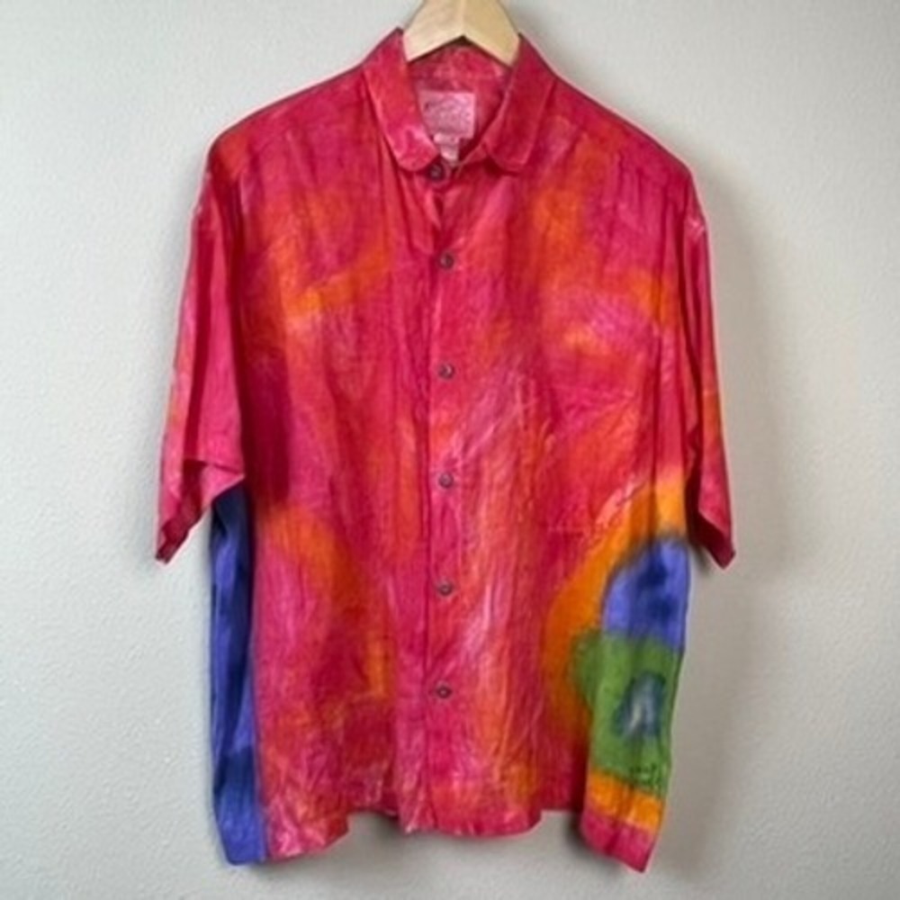 Sloop Jones Linen Shirt Womens‎ Small Pink Orange Hand Painted St John USVI Art
